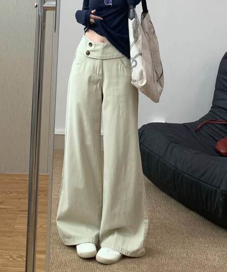 카키 색 더블 버클 하이웨이스트 넓은 다리 청바지 여성 도루 센스 표지 고기 슬림해 보이는 루즈핏 표지 넓적 다리 스트레이트 바닥 청소 롱 바지