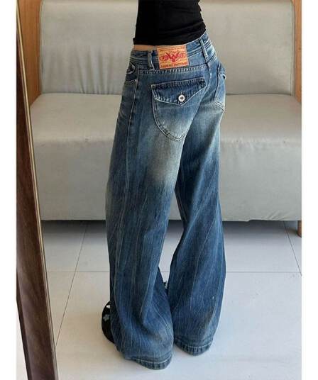 아메리칸 워싱 넓은 다리 청바지 여성 가을 새로운 플립 커버 주머니 느슨함 센스 패션 품격 모통이 칼 와이드 레그 팬츠