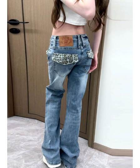 아메리칸 한국 스타일 핫걸 레오파드 무늬 로우 웨이스트 스트레이트 디자인 작은 대중 패치워크 청바지 패션 몸매 가꾸기 바닥 청소 청바지