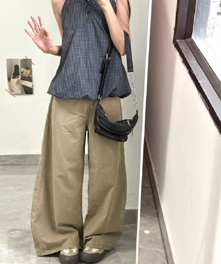 작은 키 카키 색 아메리칸 루즈핏 워싱 넓은 다리 청바지 여성 하이웨이스트 슬림해 보이는 스트레이트 바닥 청소 긴 바지
