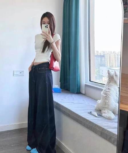 아메리칸 워싱 순수한 욕망 바람 레트로 진한 파란색 청바지 가을 새로운 하이웨이스트 슬림해 보이는 넓은 다리 바닥 청소 바지 vibe