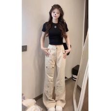 美式阔腿工装牛仔裤女秋季高腰宽松显瘦直筒拖地长裤子