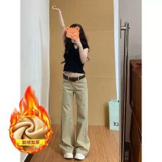批发卡其色微喇裤子美式复古直筒<b class='q'>牛仔裤</b>女冬季小个子修身显瘦休闲长裤