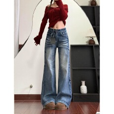 批发小个子美式复古水洗阔腿微喇<b class='q'>牛仔裤</b>女秋季高腰宽松显瘦直筒喇叭裤