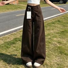 批发复古咖色阔腿牛仔裤<b class='q'>女</b>2026年秋季新款高腰宽松直筒百搭垂感拖地裤