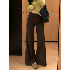 批发咖啡色微喇牛仔裤女春秋2026新款小个子百搭高腰显瘦马蹄喇叭长裤