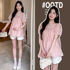 批发实拍有里衬不透孕妇装衬衫上衣<b class='q'>夏</b>装新款刺绣花朵雪纺衬衣宽松