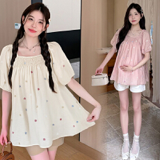 批发实拍有里衬不透孕妇装衬衫上衣<b class='q'>夏</b>装新款刺绣花朵雪纺衬衣宽松