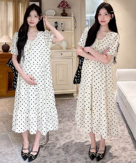 실사 여름 드레스 새로운 한국 스타일 A라인 스커트 루즈핏 임산부 점프 슈트 치마 달콤함 도트 무늬 중간 길이 패션 품격