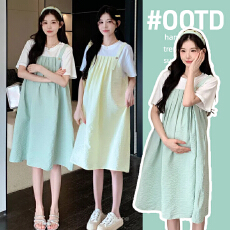 批发实拍孕妇装2026夏季新款时尚宽松遮肚子拼接上衣纯棉假两件<b class='q'>连衣裙</b>