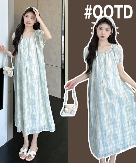 실사 있음 선적 출산 착용 드레스 여름 드레스 새로운 박하 남자 웨이브 홀치기 염색 드레스 2026
