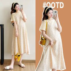 实拍孕妇装连衣裙夏装2026新款碎花雪纺裙假两件套宽松中长款裙子