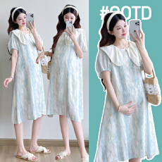 批发<b class='q'>孕妇装</b>连衣裙夏装2026新款娃娃领雪纺裙薄荷曼波扎染连衣裙