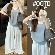 批发实拍孕妇装夏装短袖体恤棉短袖t恤夏新款潮纯色假两件V领上衣孕妇