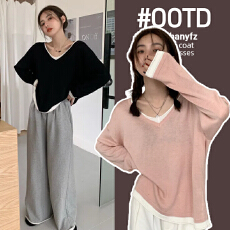 批发孕妇V领假两件针织衫早秋宽松内搭毛衣打底衫韩系chic秋冬装上衣