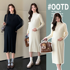 批发实拍孕妇春秋季节打底连衣裙2025春秋装立领中长款打底毛衣裙