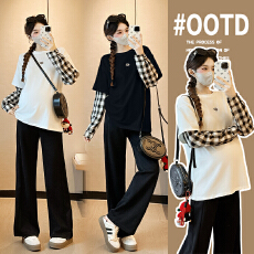 批发实拍纯棉孕妇装上衣T恤秋装新款格子假两件套打底衫春秋