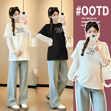 批发实拍纯棉孕妇装上衣秋装T恤假两件套刺绣字母钉珠春秋款