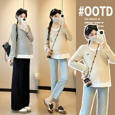 批发实拍大量高弹力纯棉孕妇秋装上衣2025新款假两件春秋短款