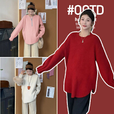 批发好质量大板型孕妇装毛衣秋冬装新款针织衫宽松大码中长款新年红色