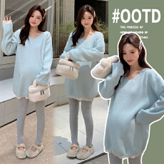 批发实拍好质量大板型孕妇装秋冬季洋气V领中长下摆蕾丝加厚毛衣