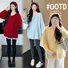 批发实拍好质量大板型孕妇装秋冬季洋气V领中长下摆蕾丝加厚毛衣