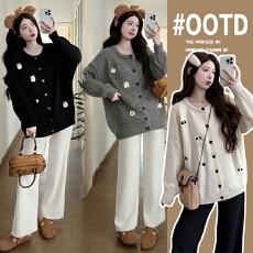 批发实拍宽松厚实大板型孕妇装毛衣外套秋冬装新款刺绣卡通开衫宽松