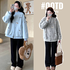 批发实拍孕妇装秋冬美式童趣刺绣小狗夹克秋季宽松慵懒时尚感开衫外套