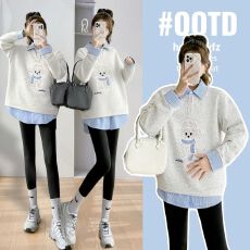 批发实拍秋季孕妇装<b class='q'>假两件</b>卫衣2025新款卡通刺绣POLO领加<b class='q'>打底裤</b>套装春