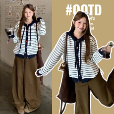 批发孕妇装秋冬装慵懒风条纹撞色纽扣针织开衫女秋季新款宽松毛衣外套