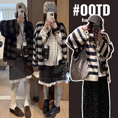 批发孕妇装条纹宽松毛衣开衫外套女2025秋新款慵懒风时髦减龄针织上衣