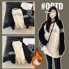 批发美式复古加绒卫衣2025新款春秋孕妇中长款打底衫撞色插肩长袖t恤