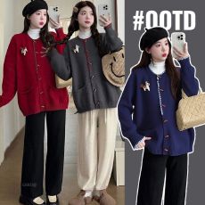 批发实拍孕妇装韩系灰色针织开衫2025秋冬新款洋气减龄牛角扣毛衣上衣