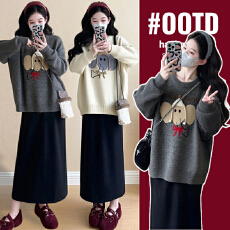 批发实拍孕妇大象提花圆领毛衣女上衣冬季新款韩系宽松显瘦保暖针织衫