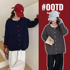 批发实拍好质量大版型孕妇装毛衣外套秋冬装新款拼色袖毛衣开衫宽松