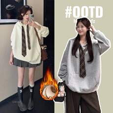 批发实拍孕妇秋冬加厚加绒卫衣冬季学院风宽松遮孕肚连帽保暖大卫衣