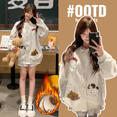 批发孕妇冬装毛巾绣小狗加绒外套秋冬季2025新款宽松潮牌卫衣开衫夹克