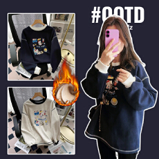 批发加绒加厚孕妇装2025秋冬季新款拼色卡通印花宽松显瘦圆领保暖卫衣