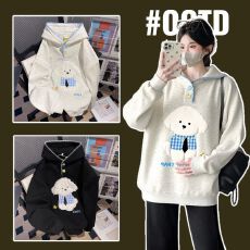 批发实拍好质量孕妇装可爱毛绒小狗纽扣连帽卫衣2025秋冬款大卫衣外套