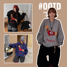 批发孕妇装inss新款秋冬复古卡通趣味休闲宽松日常通勤圆领保暖毛衣