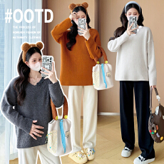 批发实拍孕妇装宽松显瘦v领慵懒风针织打底衫女秋冬遮肚子减龄毛衣