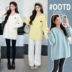 实拍孕妇装秋冬款2025冬装新款针织毛衣上衣小个子中长款V领长袖