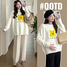 批发实拍孕妇装圆领小熊毛衣女秋冬2025新款宽松慵懒风加厚针织衫上衣