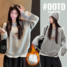 批发实拍孕妇装加绒加厚大卫衣2025秋冬新款中长宽松卡通刺绣保暖上衣