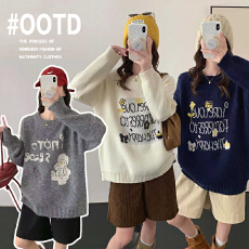 批发实拍孕妇装圆领小熊毛衣女秋冬2025新款宽松慵懒风加厚针织衫上衣