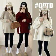 实拍孕妇装秋冬毛衣2025新款韩版中长款宽松减龄开叉打底衫针织衫