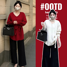 批发好质量孕妇装<b class='q'>毛衣</b>秋冬装<b class='q'>新款</b>围巾针织衫上衣宽松V领中长款