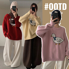 批发实拍孕妇装<b class='q'>韩版</b>卡通小鸭毛衣厚实卡通可爱刺绣慵懒风宽松针织上衣