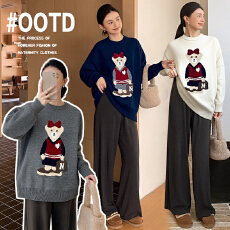 批发实拍孕妇装毛衣秋冬装新款刺绣小熊卡通针织衫上衣宽松慵懒风