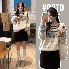 孕妇装复古费尔岛毛衣2025秋季新款韩系气质显瘦宽松百搭针织上衣